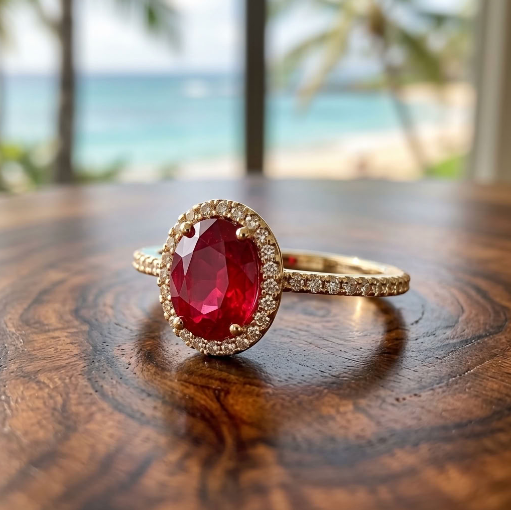 14K Red Rubellite & Diamond Halo Ring, Oval 8x6mm, Size 6