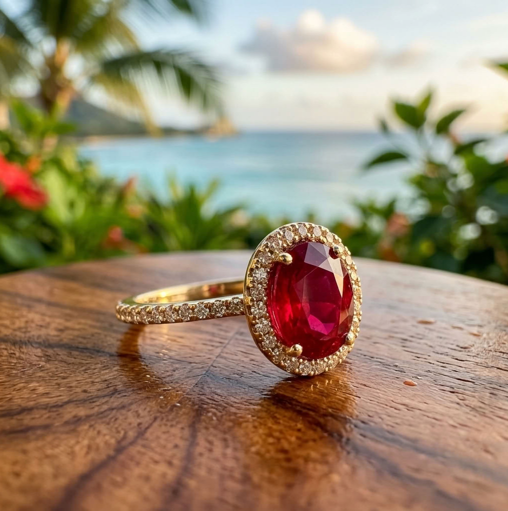 14K Red Rubellite & Diamond Halo Ring, Oval 8x6mm, Size 6