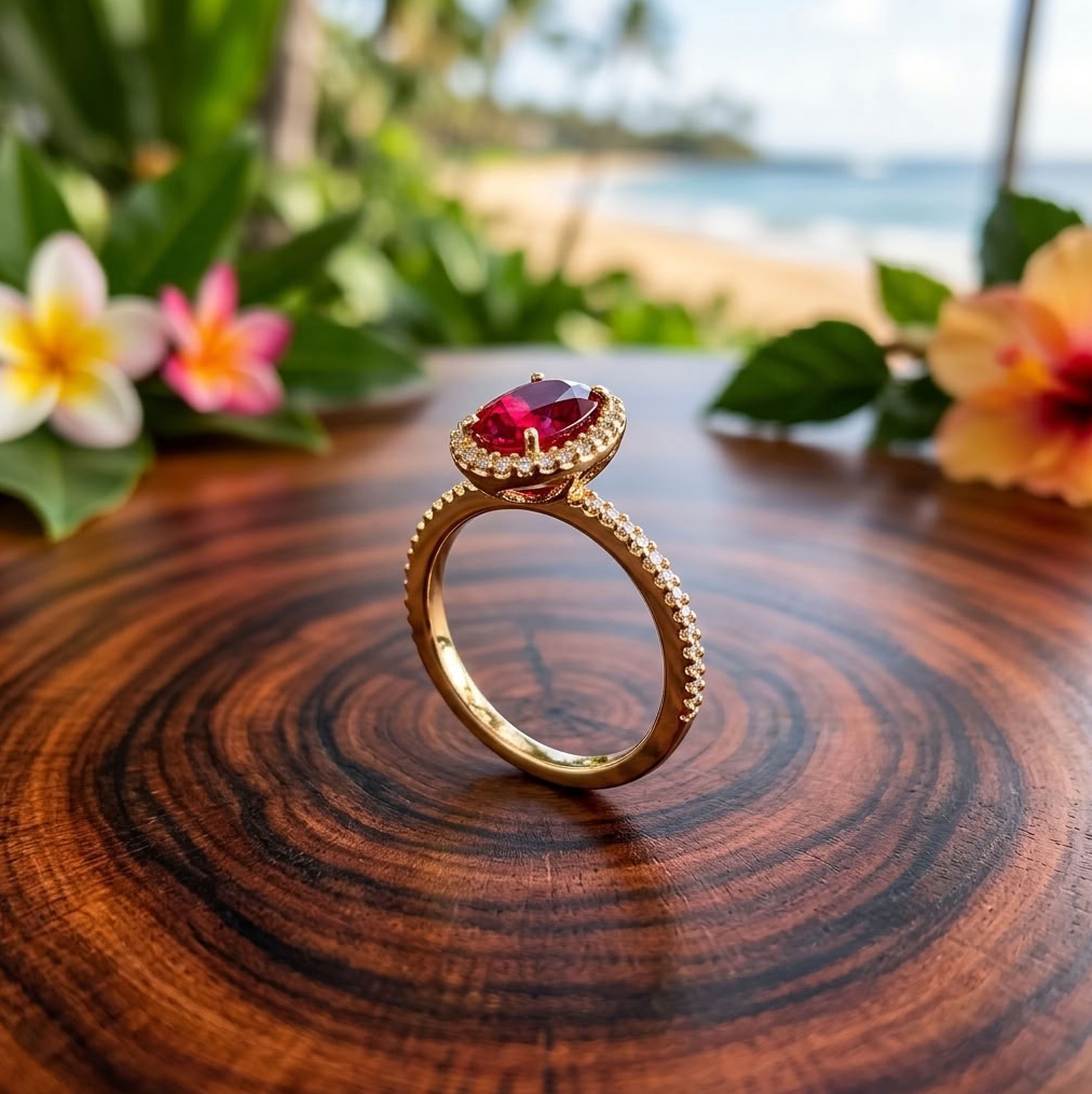 14K Red Rubellite & Diamond Halo Ring, Oval 8x6mm, Size 6