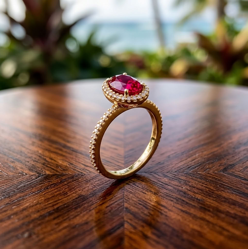 14K Red Rubellite & Diamond Halo Ring, Oval 8x6mm, Size 6