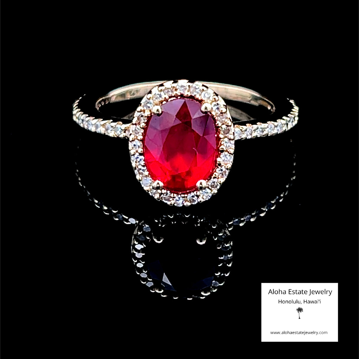 14K Red Rubellite & Diamond Halo Ring, Oval 8x6mm, Size 6
