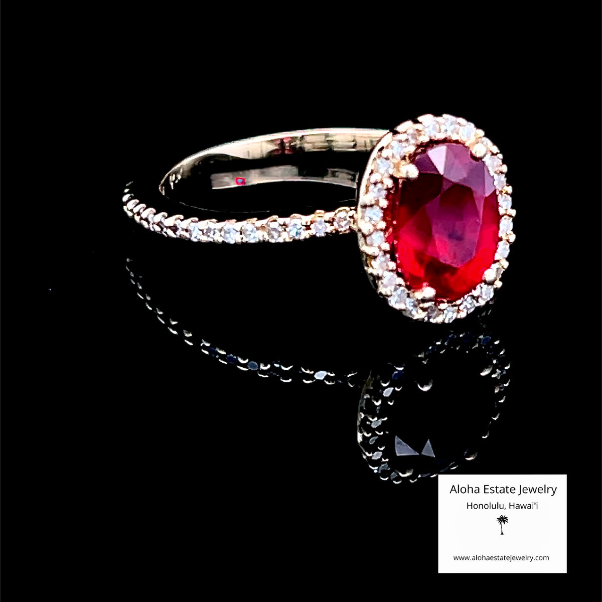 14K Red Rubellite & Diamond Halo Ring, Oval 8x6mm, Size 6