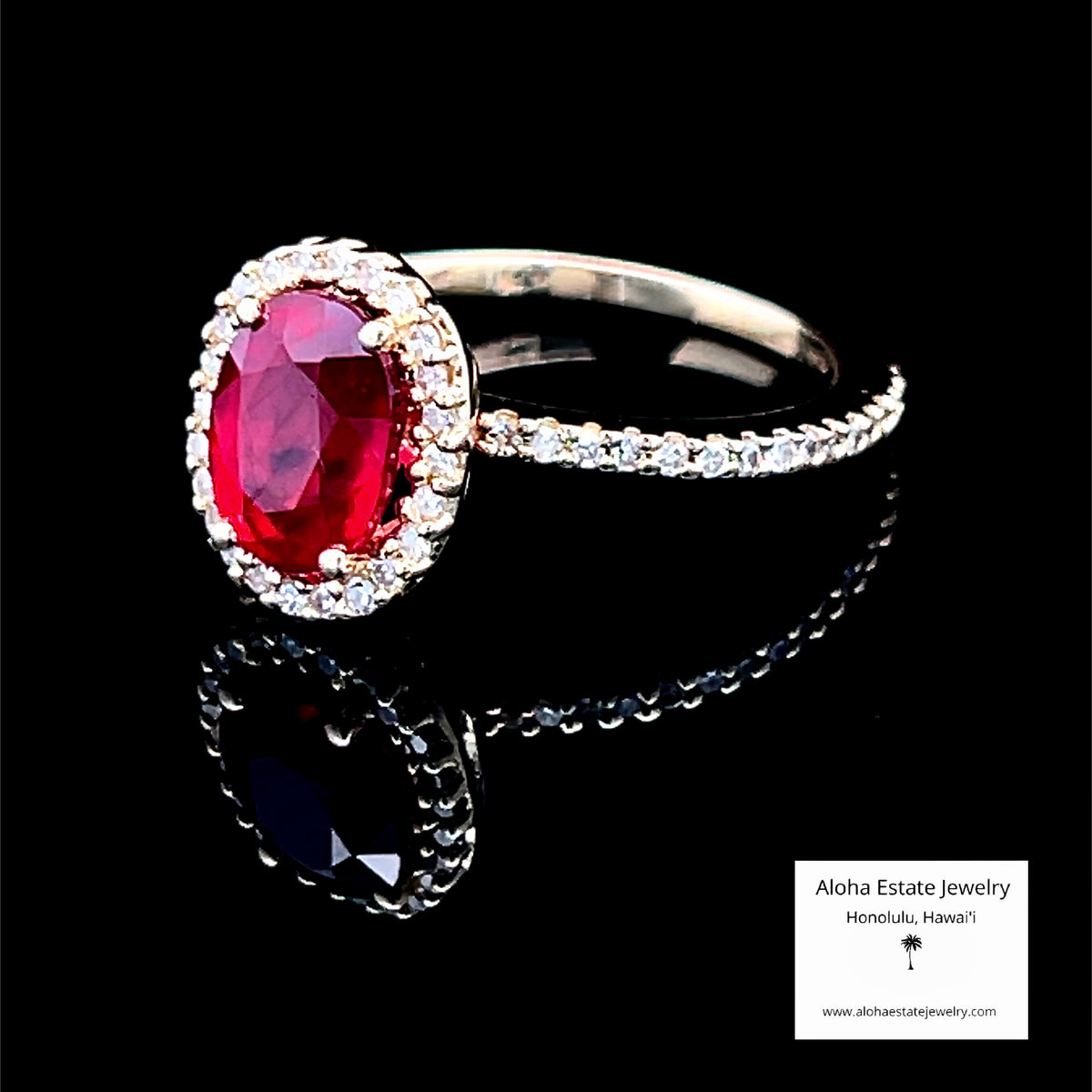 14K Red Rubellite & Diamond Halo Ring, Oval 8x6mm, Size 6