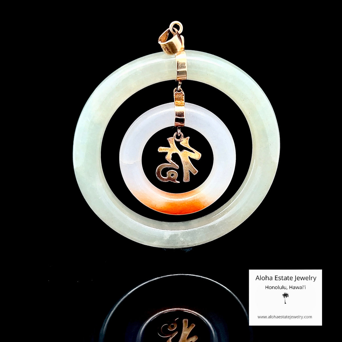 Vintage Jadeite Double Circle Pendant, Fu Fortune Charm, 14K