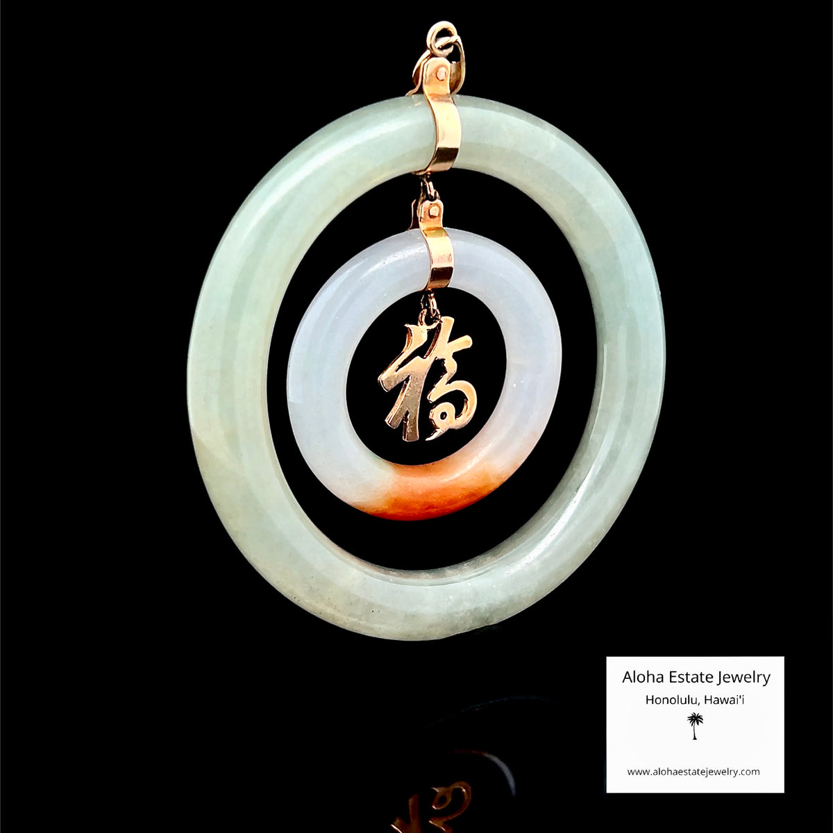 Vintage Jadeite Double Circle Pendant, Fu Fortune Charm, 14K