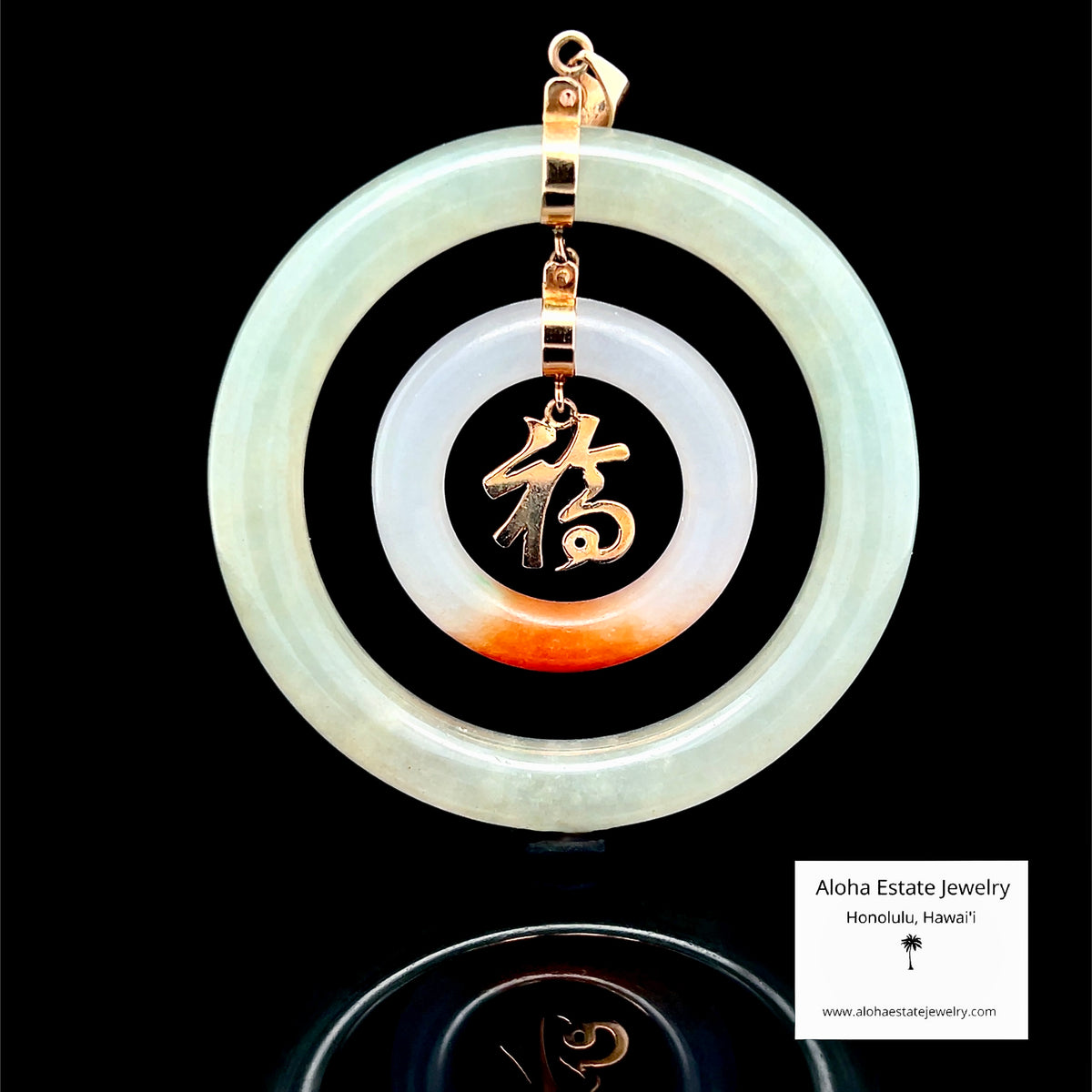 Vintage Jadeite Double Circle Pendant, Fu Fortune Charm, 14K