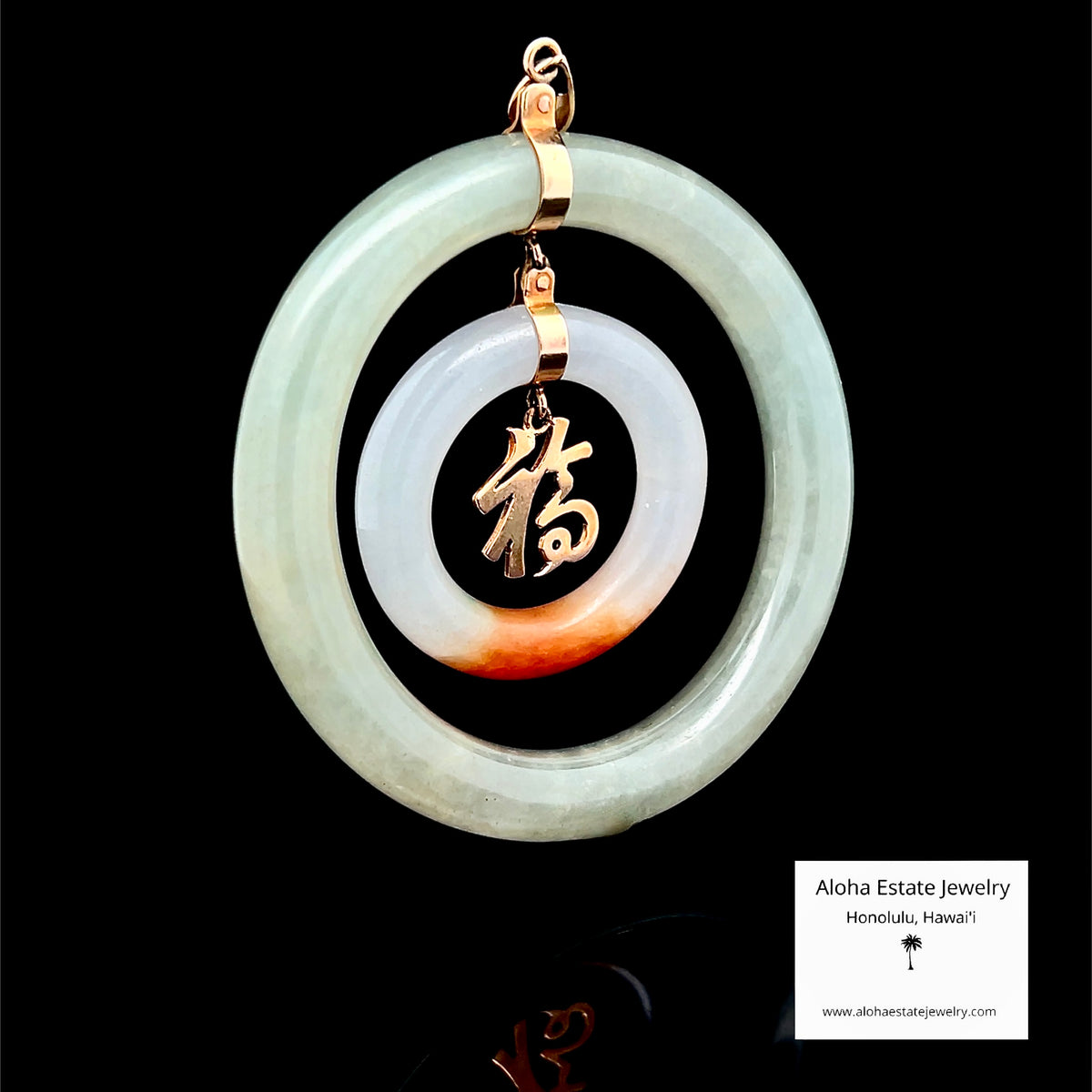 Vintage Jadeite Double Circle Pendant, Fu Fortune Charm, 14K