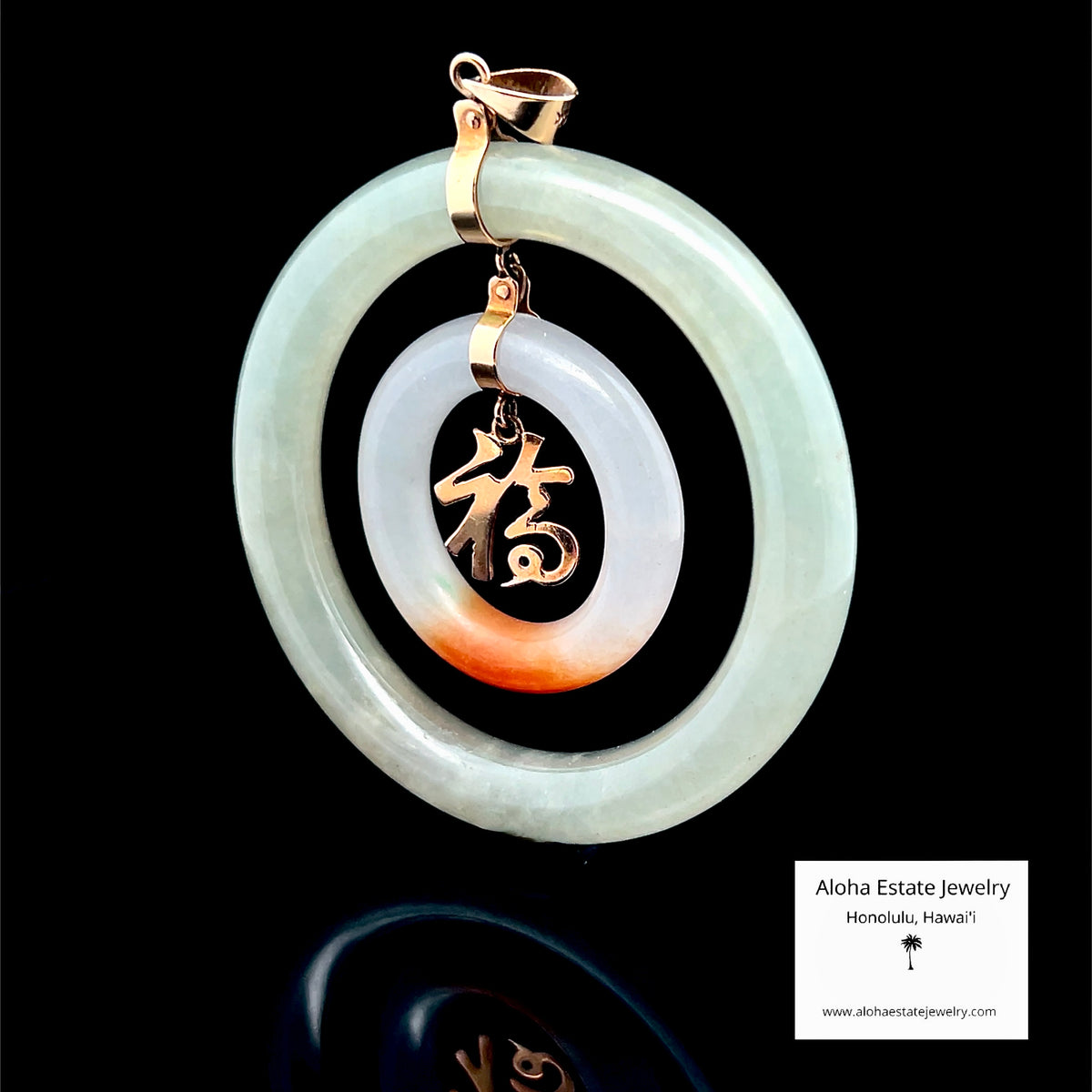 Vintage Jadeite Double Circle Pendant, Fu Fortune Charm, 14K