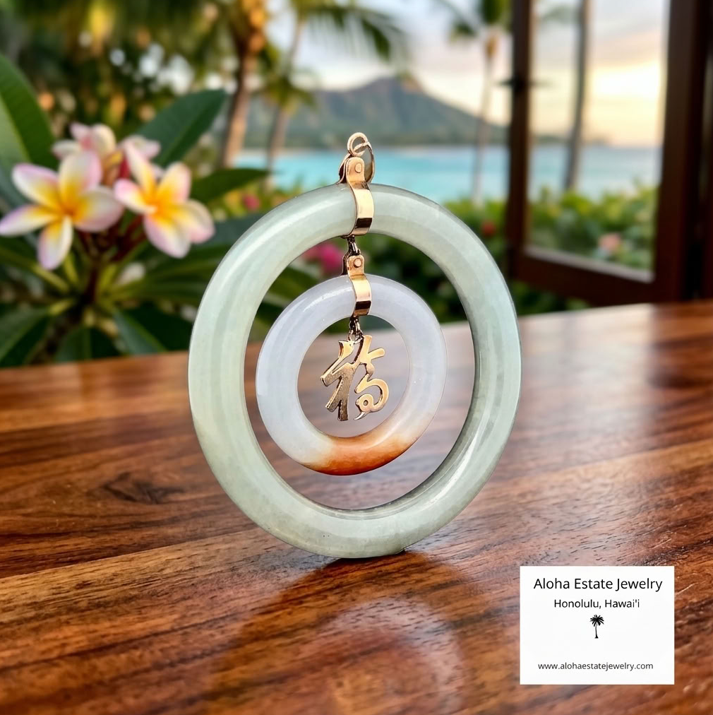 Vintage Jadeite Double Circle Pendant, Fu Fortune Charm, 14K