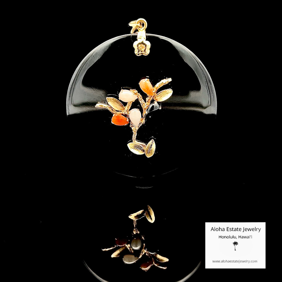 Black Nephrite Jade Pendant, 14K Gold Tree & Falling Leaves