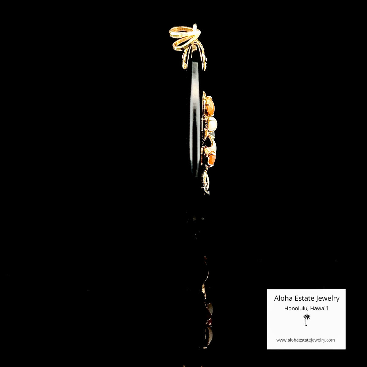 Black Nephrite Jade Pendant, 14K Gold Tree & Falling Leaves