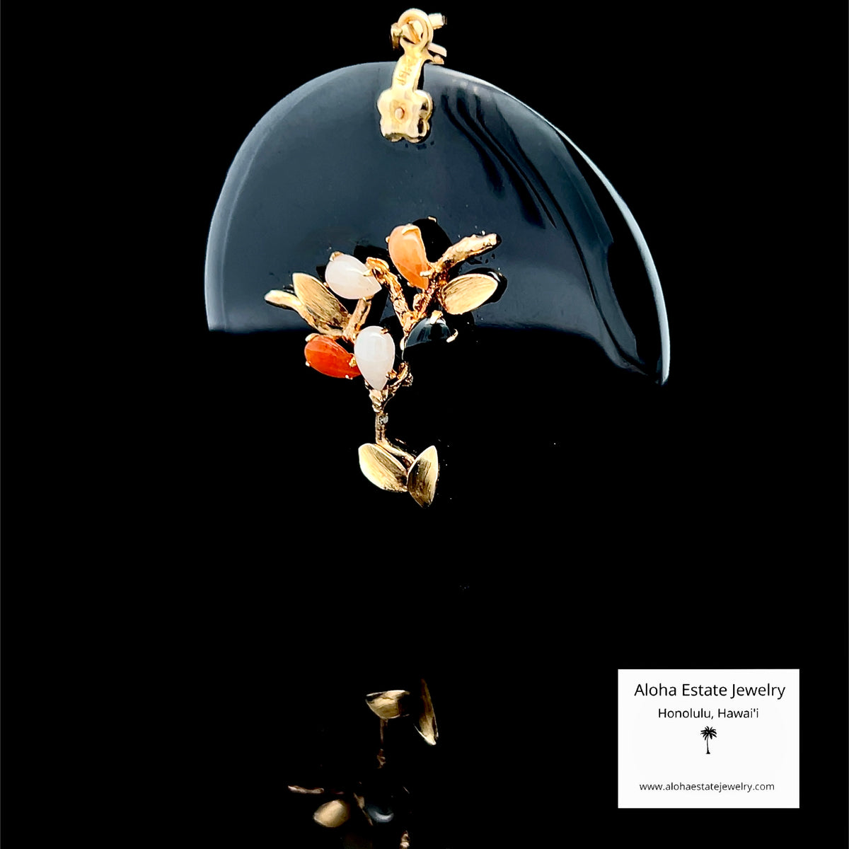 Black Nephrite Jade Pendant, 14K Gold Tree & Falling Leaves