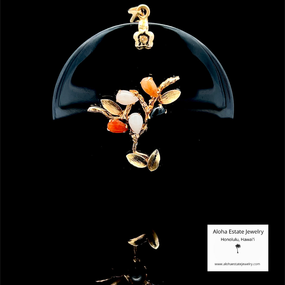 Black Nephrite Jade Pendant, 14K Gold Tree & Falling Leaves