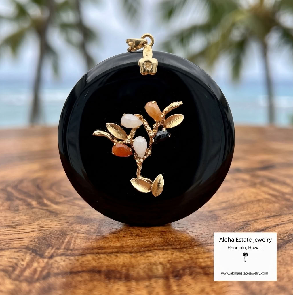 Black Nephrite Jade Pendant, 14K Gold Tree & Falling Leaves