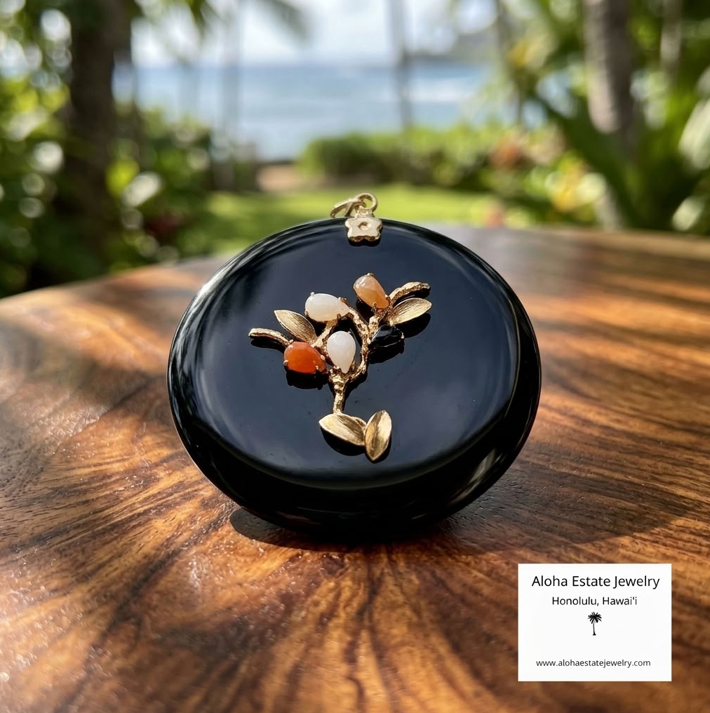 Black Nephrite Jade Pendant, 14K Gold Tree & Falling Leaves