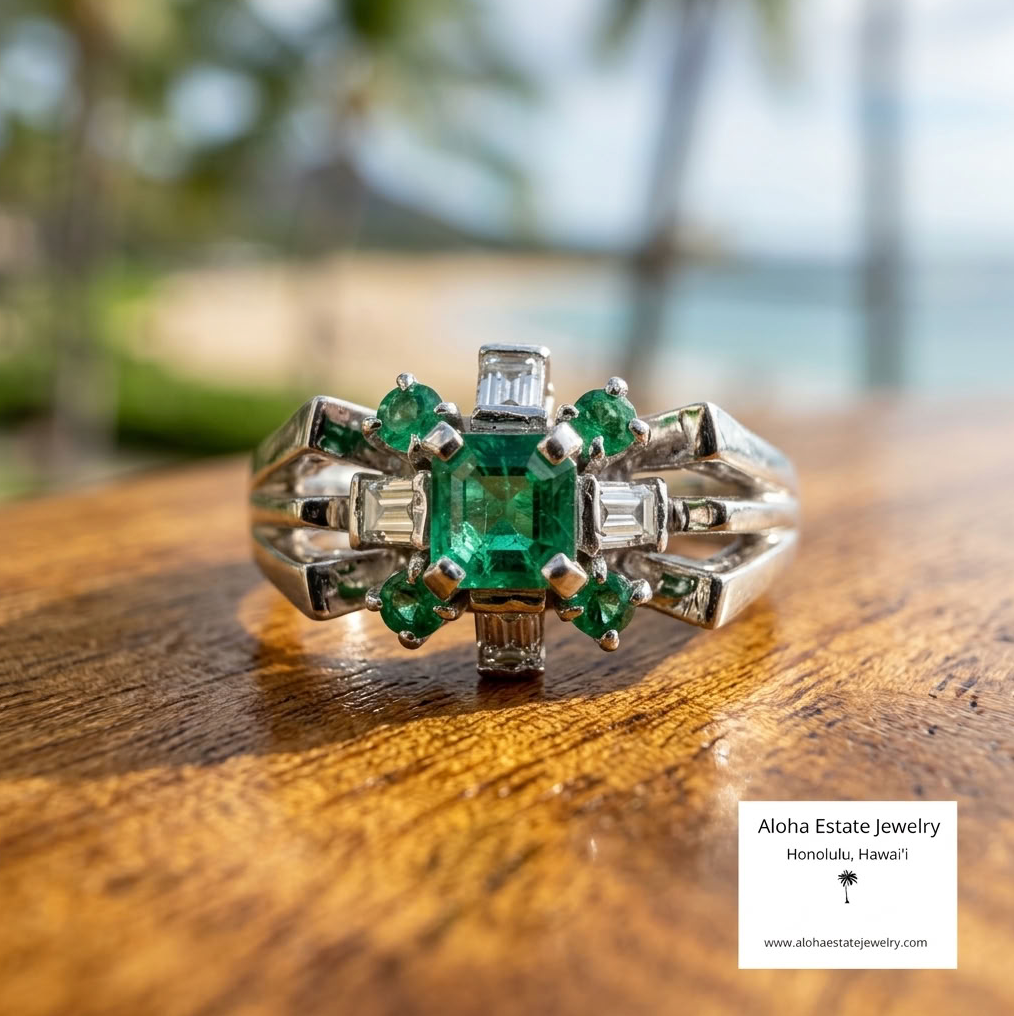Vintage 14K White Gold Emerald & Diamond Cluster Ring, Size 7.5