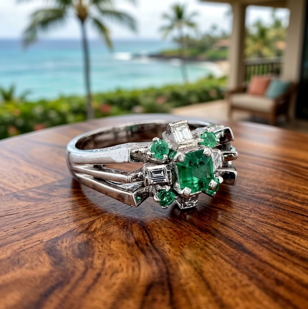 Vintage 14K White Gold Emerald & Diamond Cluster Ring, Size 7.5