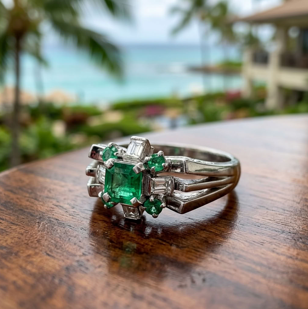 Vintage 14K White Gold Emerald & Diamond Cluster Ring, Size 7.5