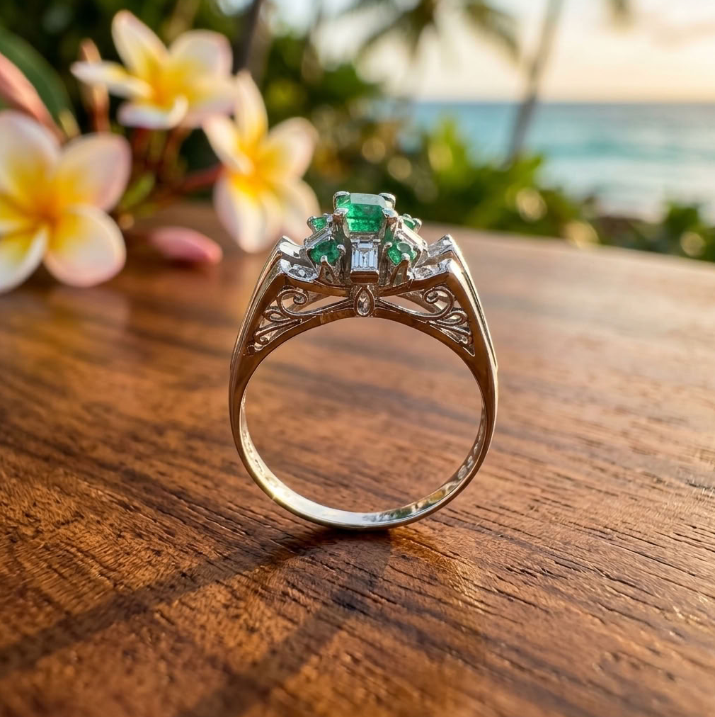Vintage 14K White Gold Emerald & Diamond Cluster Ring, Size 7.5