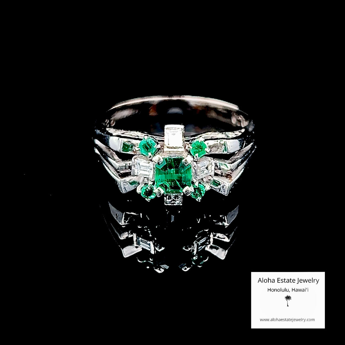 Vintage 14K White Gold Emerald & Diamond Cluster Ring, Size 7.5