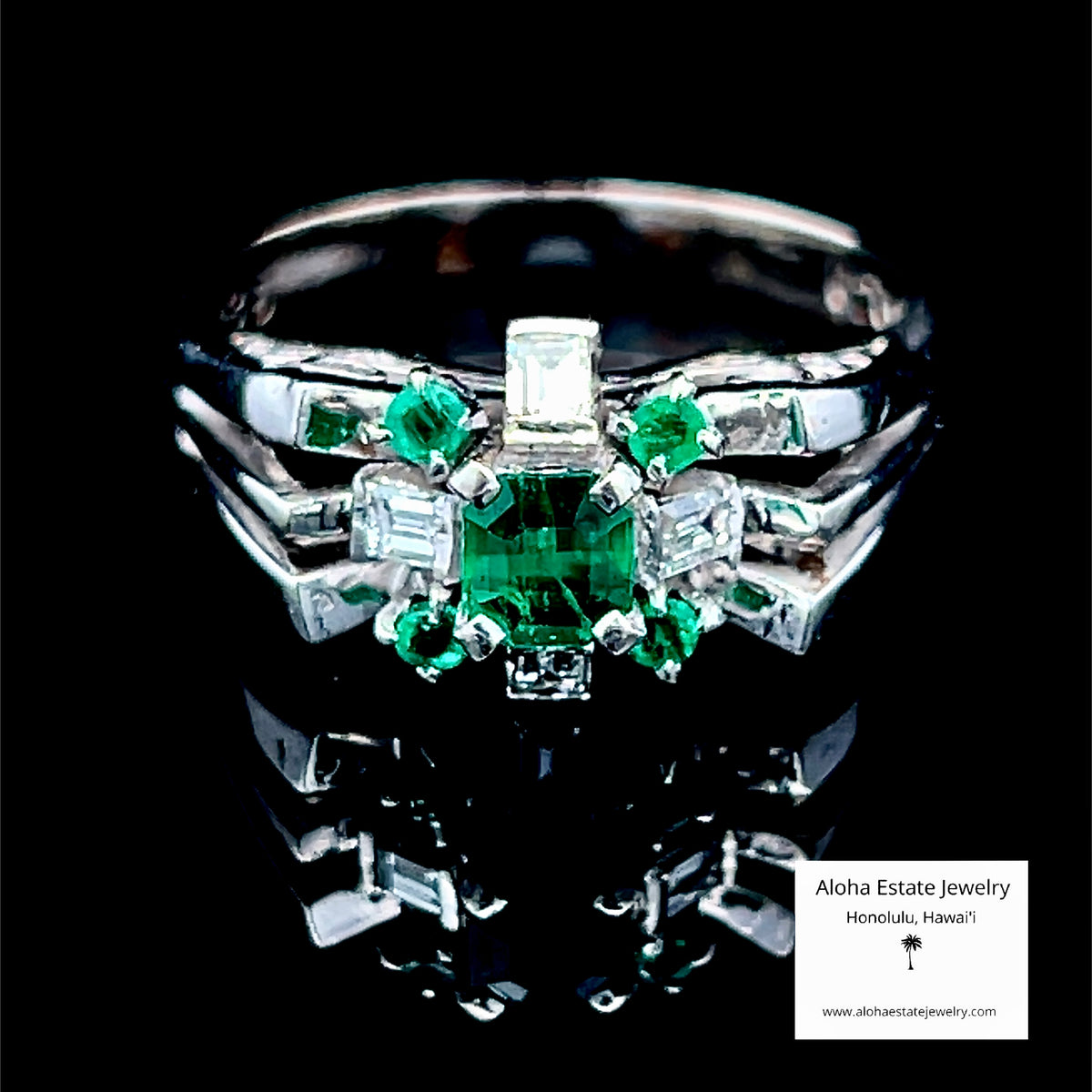 Vintage 14K White Gold Emerald & Diamond Cluster Ring, Size 7.5