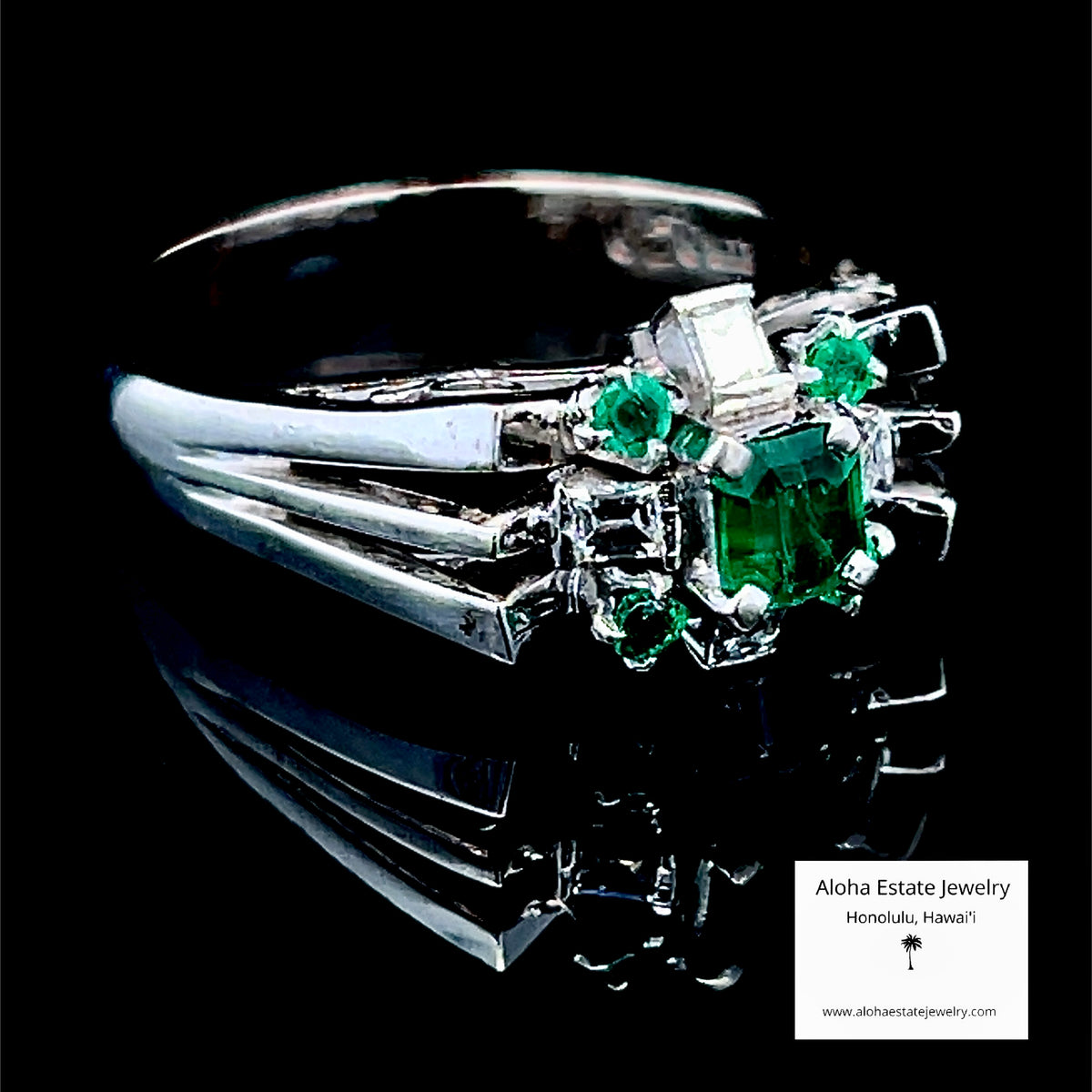 Vintage 14K White Gold Emerald & Diamond Cluster Ring, Size 7.5