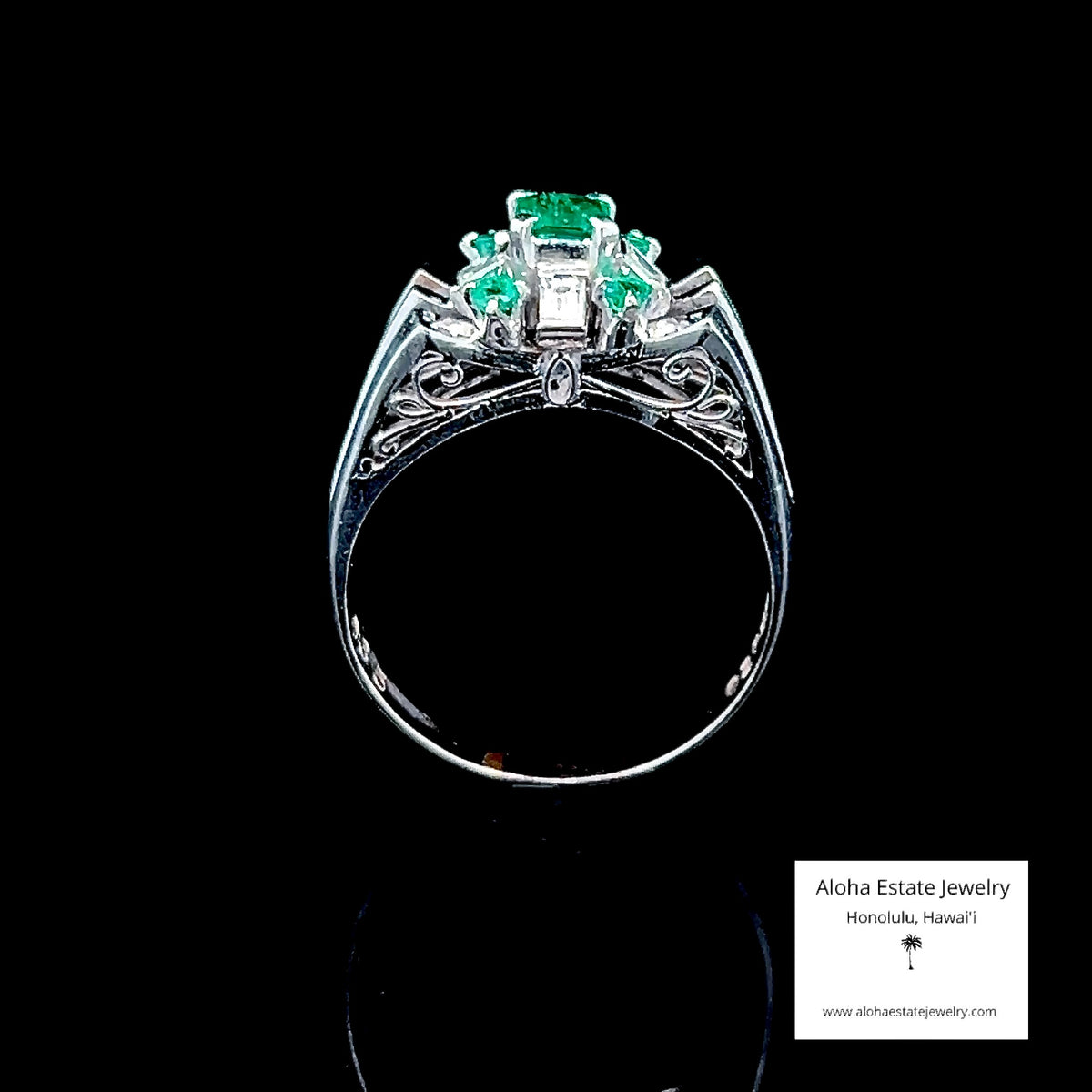 Vintage 14K White Gold Emerald & Diamond Cluster Ring, Size 7.5