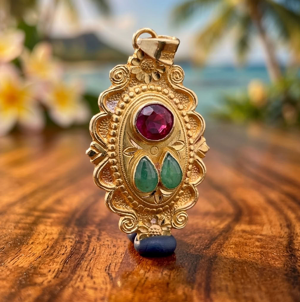 24K Gold Pendant, Created Ruby & Natural Jadeite, Hand Chased