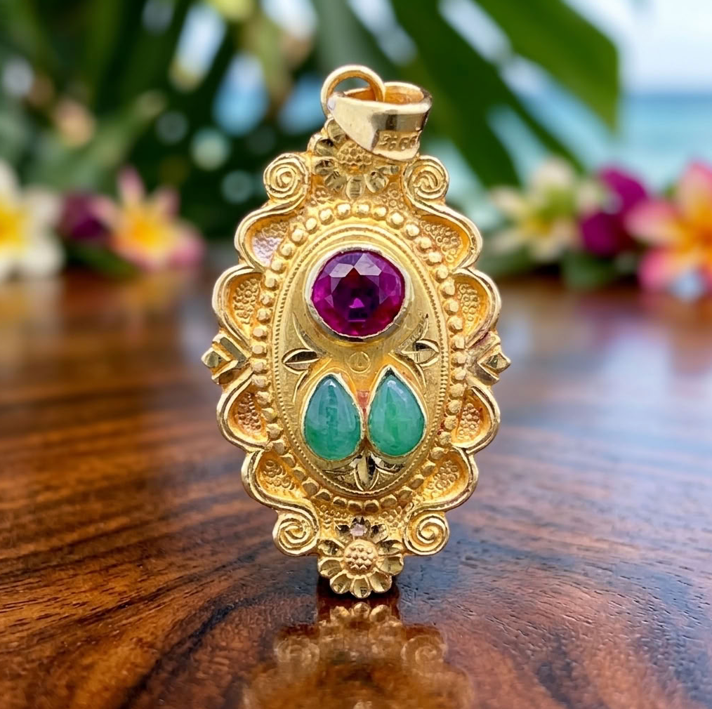 24K Gold Pendant, Created Ruby & Natural Jadeite, Hand Chased
