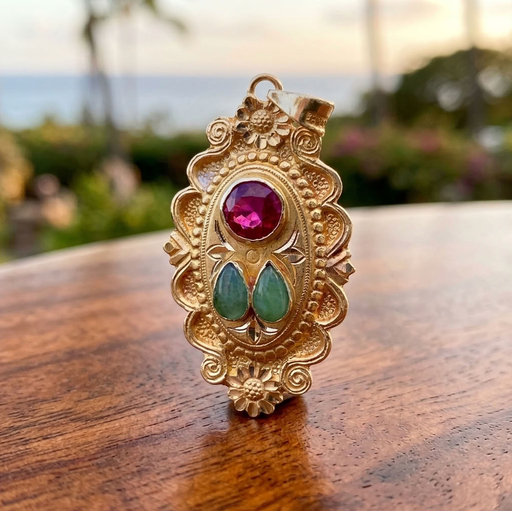 24K Gold Pendant, Created Ruby & Natural Jadeite, Hand Chased