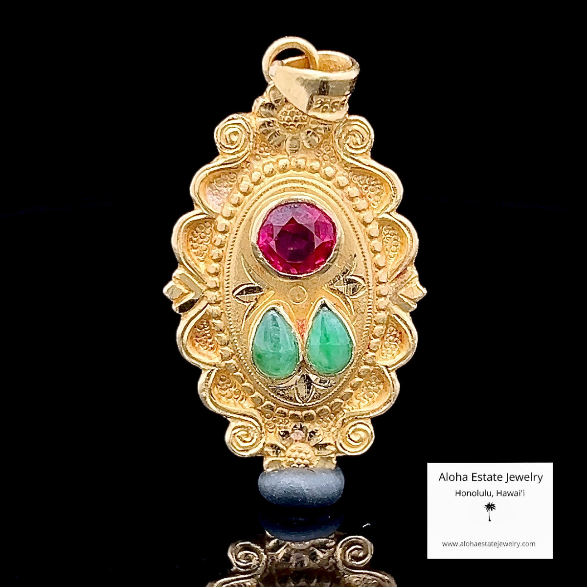 24K Gold Pendant, Created Ruby & Natural Jadeite, Hand Chased