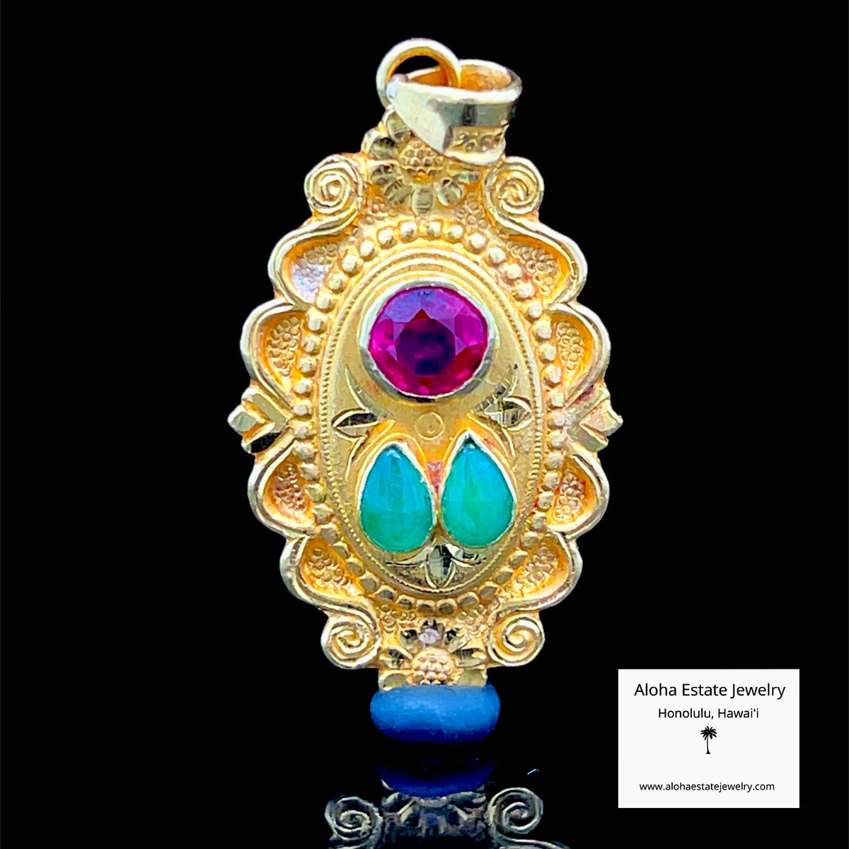 24K Gold Pendant, Created Ruby & Natural Jadeite, Hand Chased