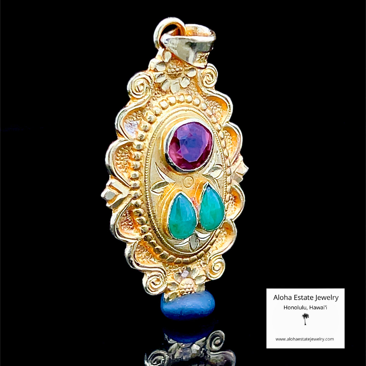 24K Gold Pendant, Created Ruby & Natural Jadeite, Hand Chased