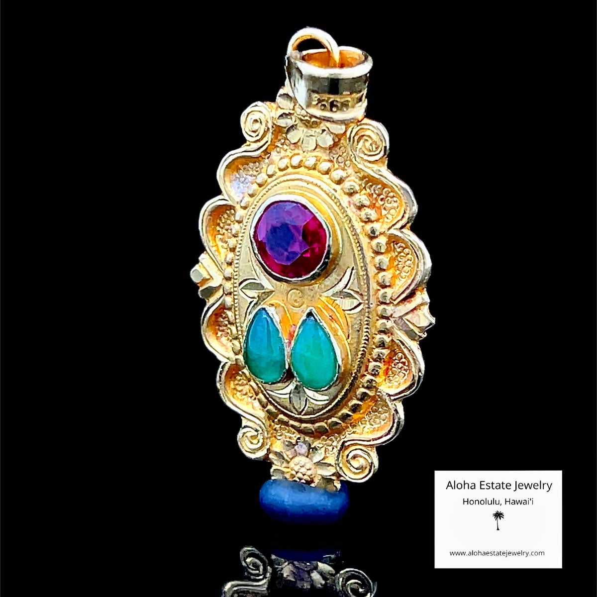 24K Gold Pendant, Created Ruby & Natural Jadeite, Hand Chased
