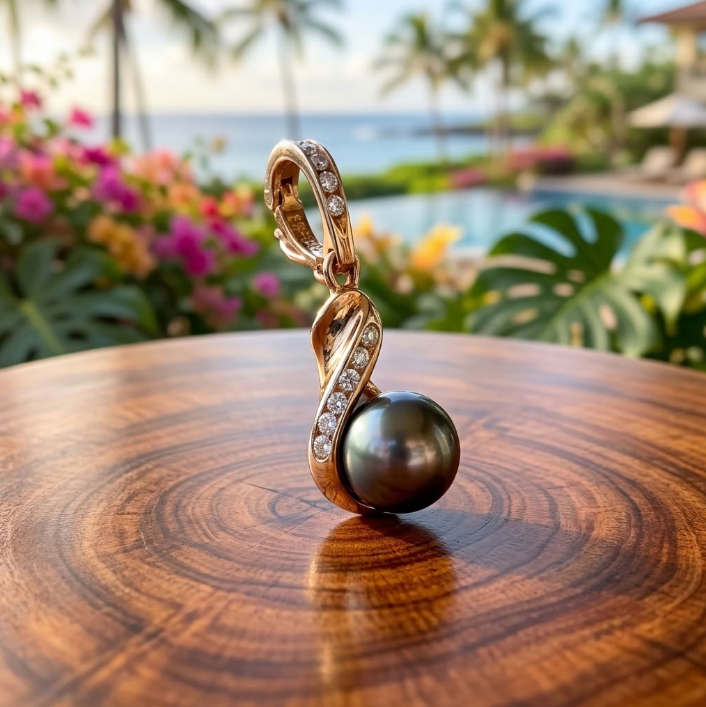18K Gold Tahitian Pearl & Diamond Enhancer Pendant, 8.7mm