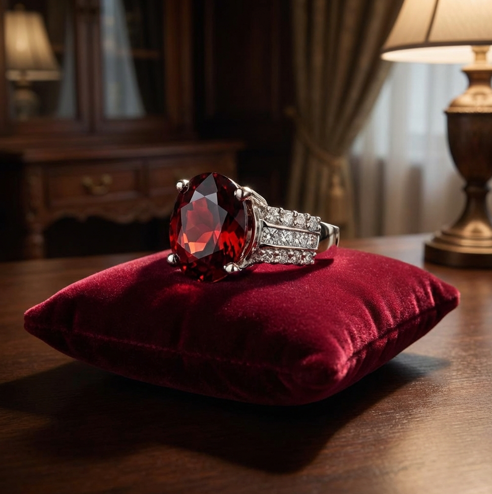 6.25-Carat 18k Aurora Red Spessartite Garnet & Diamond Ring