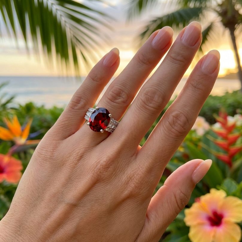 6.25-Carat 18k Aurora Red Spessartite Garnet & Diamond Ring