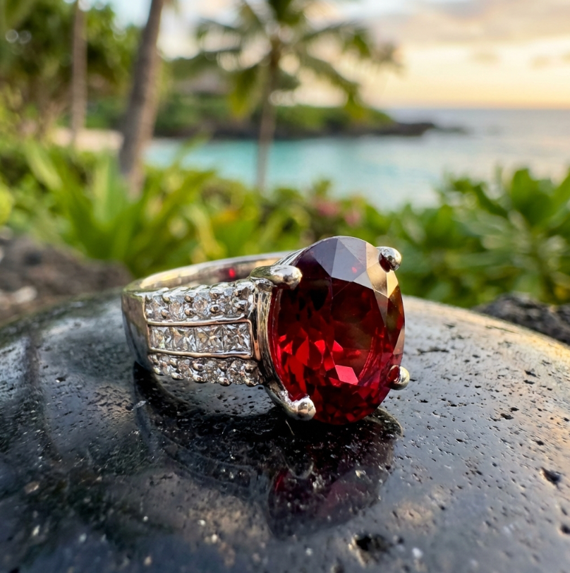 6.25-Carat 18k Aurora Red Spessartite Garnet & Diamond Ring