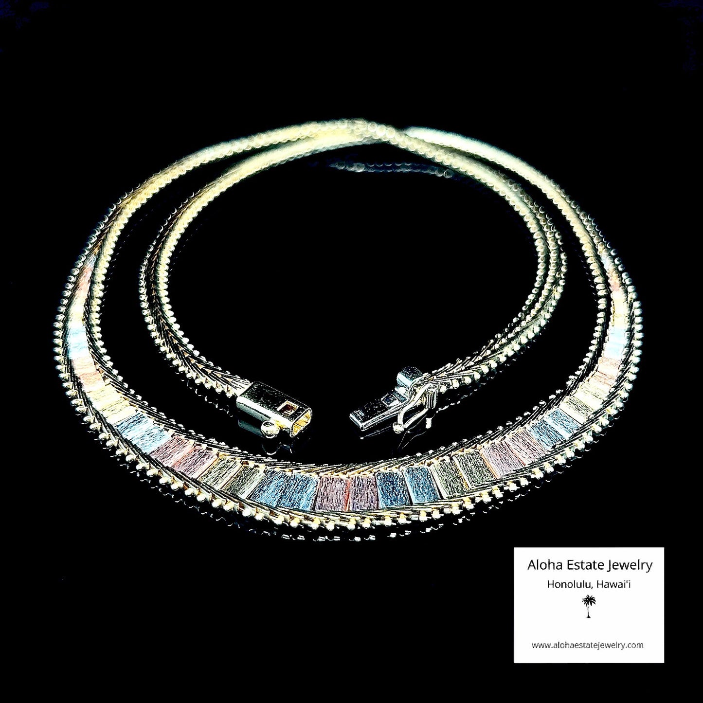 14K Tri-Color Gold Graduated Width Bark Texture Necklace