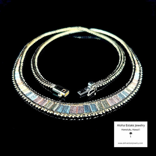 14K Tri-Color Gold Graduated Width Bark Texture Necklace
