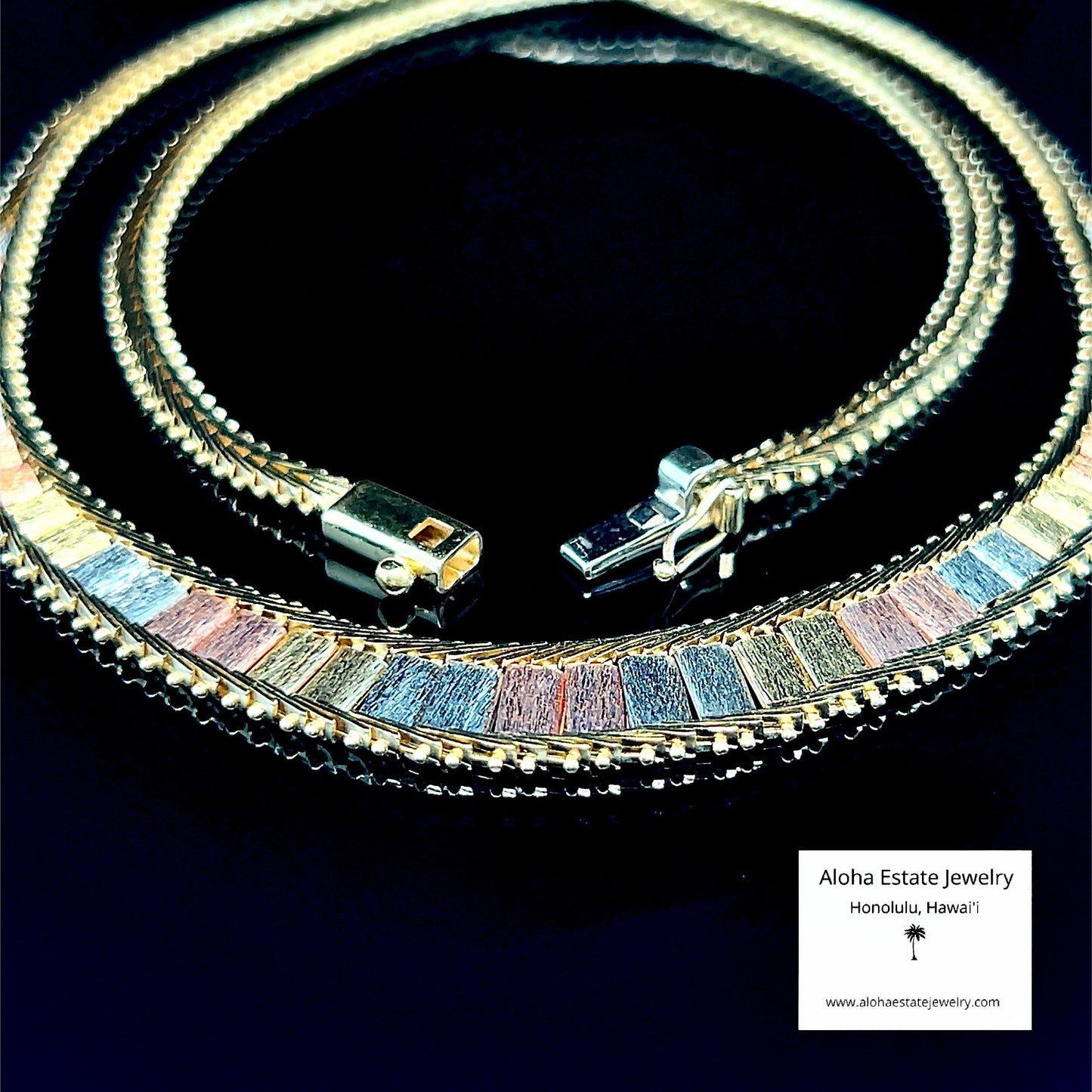 14K Tri-Color Gold Graduated Width Bark Texture Necklace