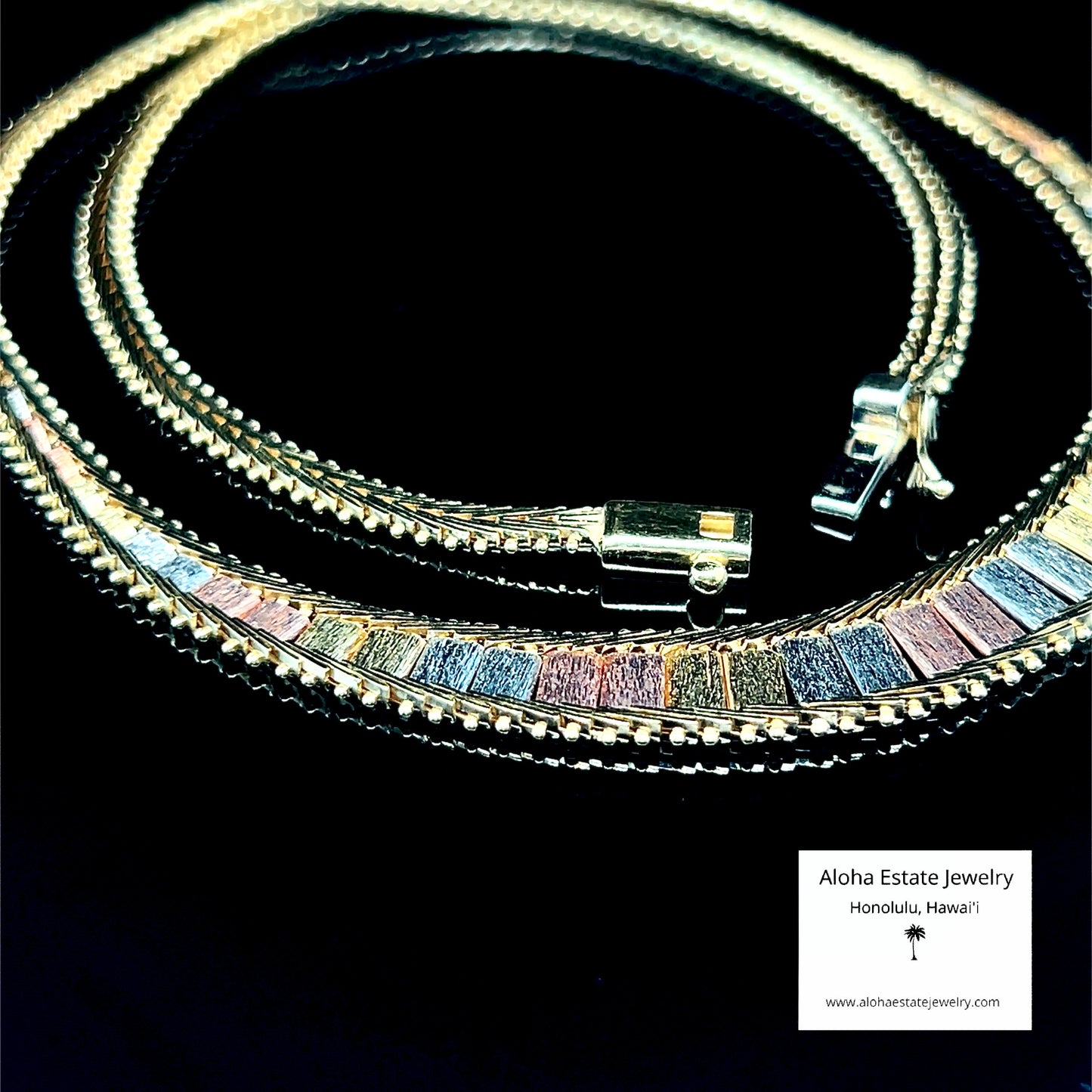 14K Tri-Color Gold Graduated Width Bark Texture Necklace