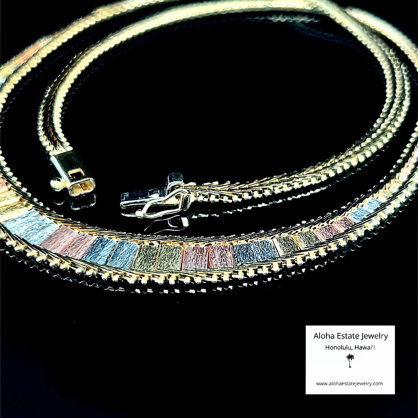 14K Tri-Color Gold Graduated Width Bark Texture Necklace