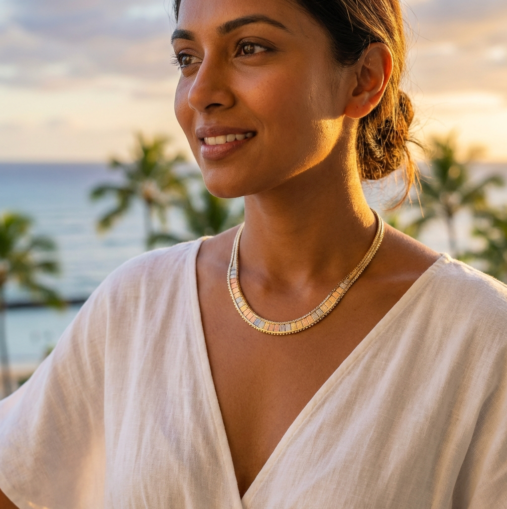 14K Tri-Color Gold Graduated Width Bark Texture Necklace