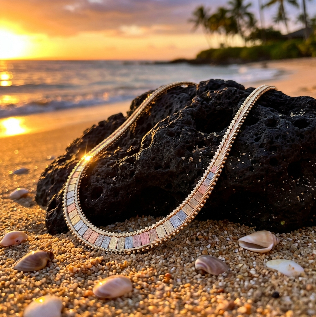 14K Tri-Color Gold Graduated Width Bark Texture Necklace