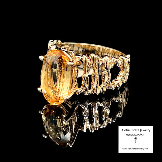 14k Vintage Brutalist Style Yellow Topaz Solitaire Ring