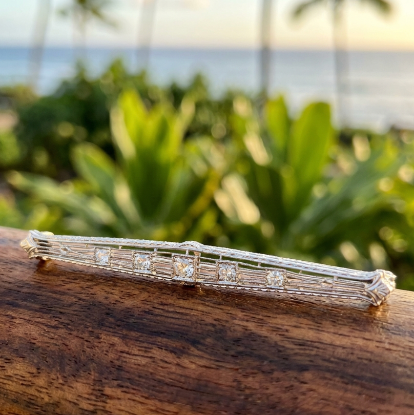 14K White Gold Art Deco Bar Pin With 0.25-Carat Diamonds