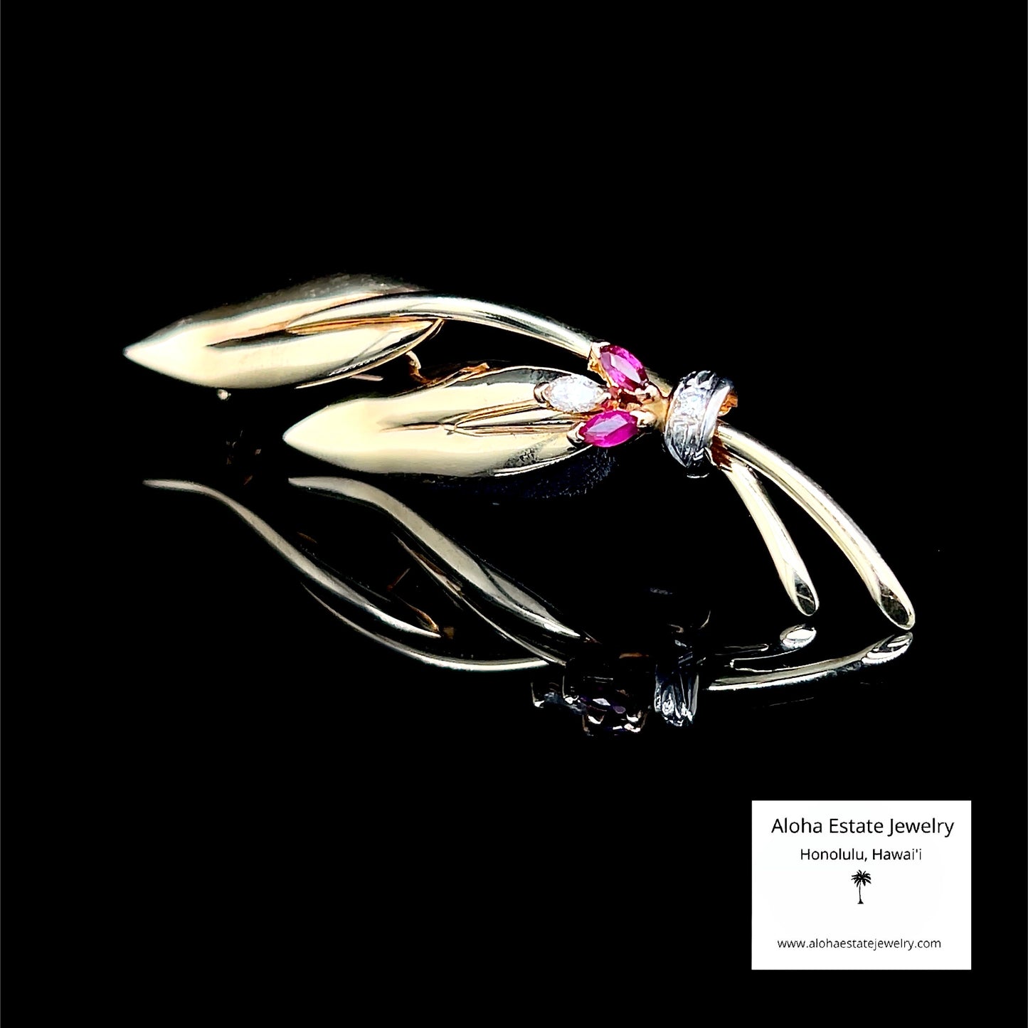 Vintage 14K Diamond & Ruby Leaf Pin Or Brooch 6.7 Grams