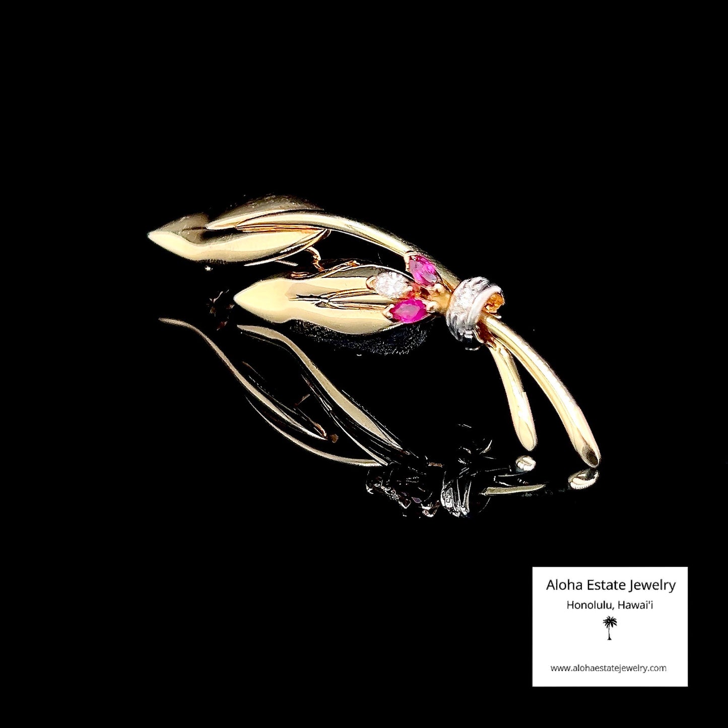 Vintage 14K Diamond & Ruby Leaf Pin Or Brooch 6.7 Grams