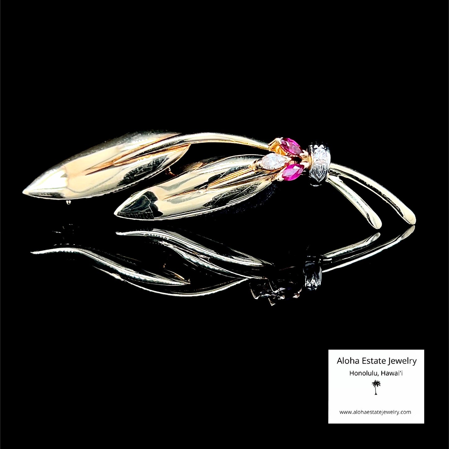 Vintage 14K Diamond & Ruby Leaf Pin Or Brooch 6.7 Grams